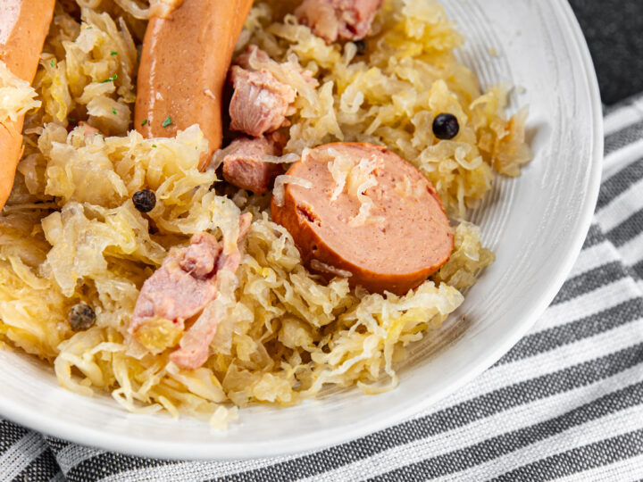 sauerkraut with garnish cabbage, meat, sausage tasty fresh delic