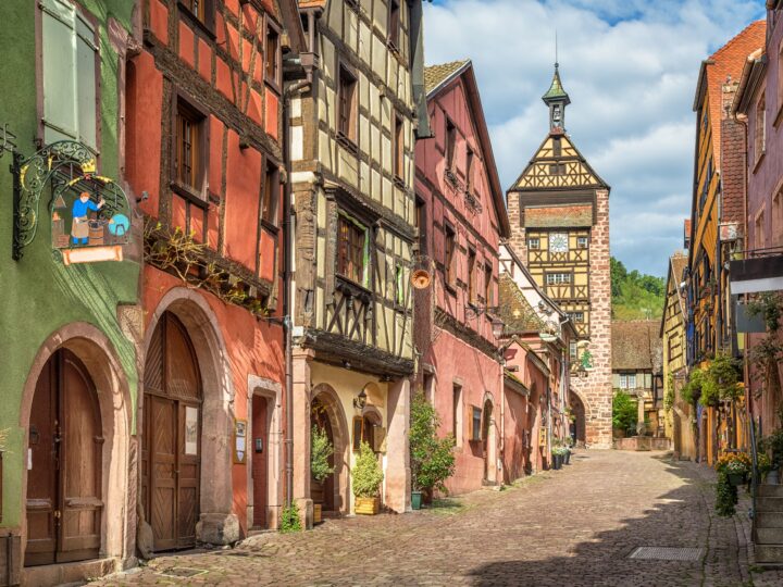 Central street of Riquewihr village, Alsace