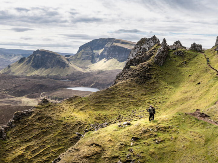 Beautiful panorama view of Quiraing with people, Scotland, Isle of Skye