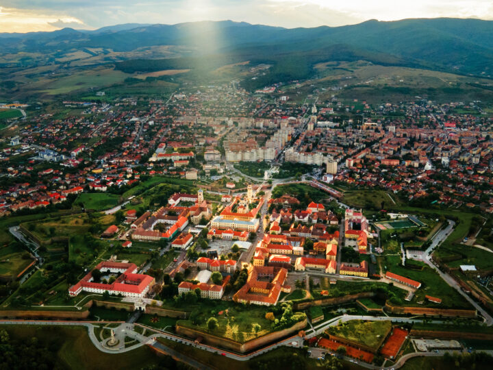 Aerial drone view of Alba Carolina Citadel in Alba-Iulia, Romania