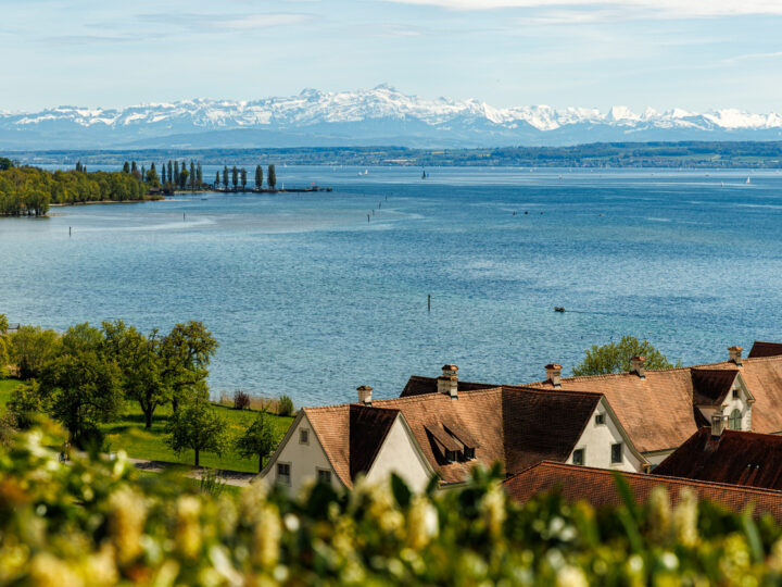 Lake Constance Bodensee in Germany near the city of Hagnau A series of Alpine mountains can be seen in the background photo was taken from the Birnau Church lot Houses, vineyards are visible