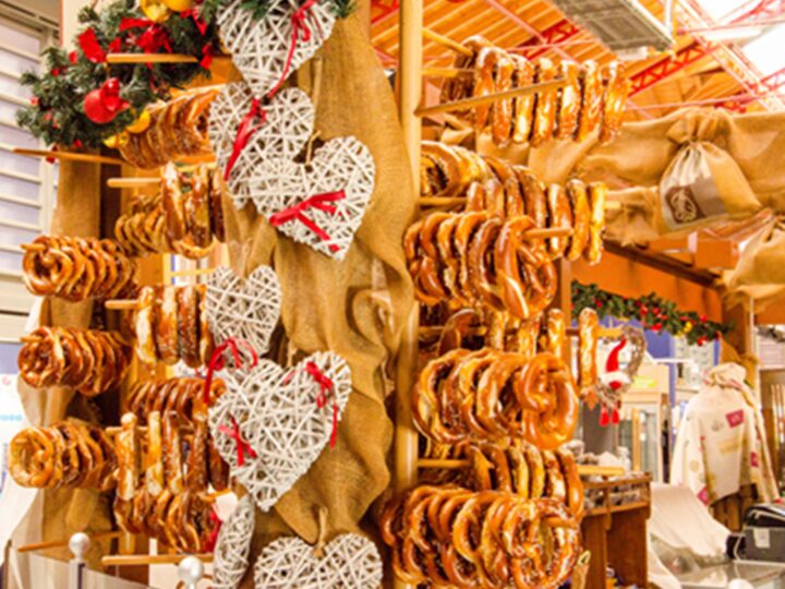 Traditional market in Alsace. Typical french pastry called pretzel.