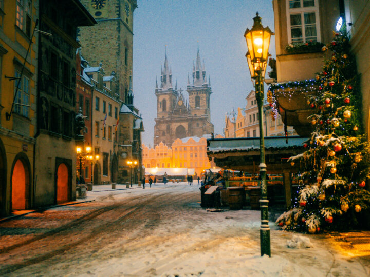 Snow winter morning in Prague, Christmas Market